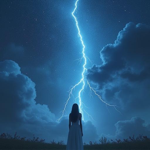 A solitary figure in a flowing white dress stands against a dramatic, starry backdrop filled with vibrant blue and red lightning strikes coursing through dark, moody clouds. The scene evokes a sense of wonder and introspection, as the subject gazes into the luminous spectacle enveloping the sky.