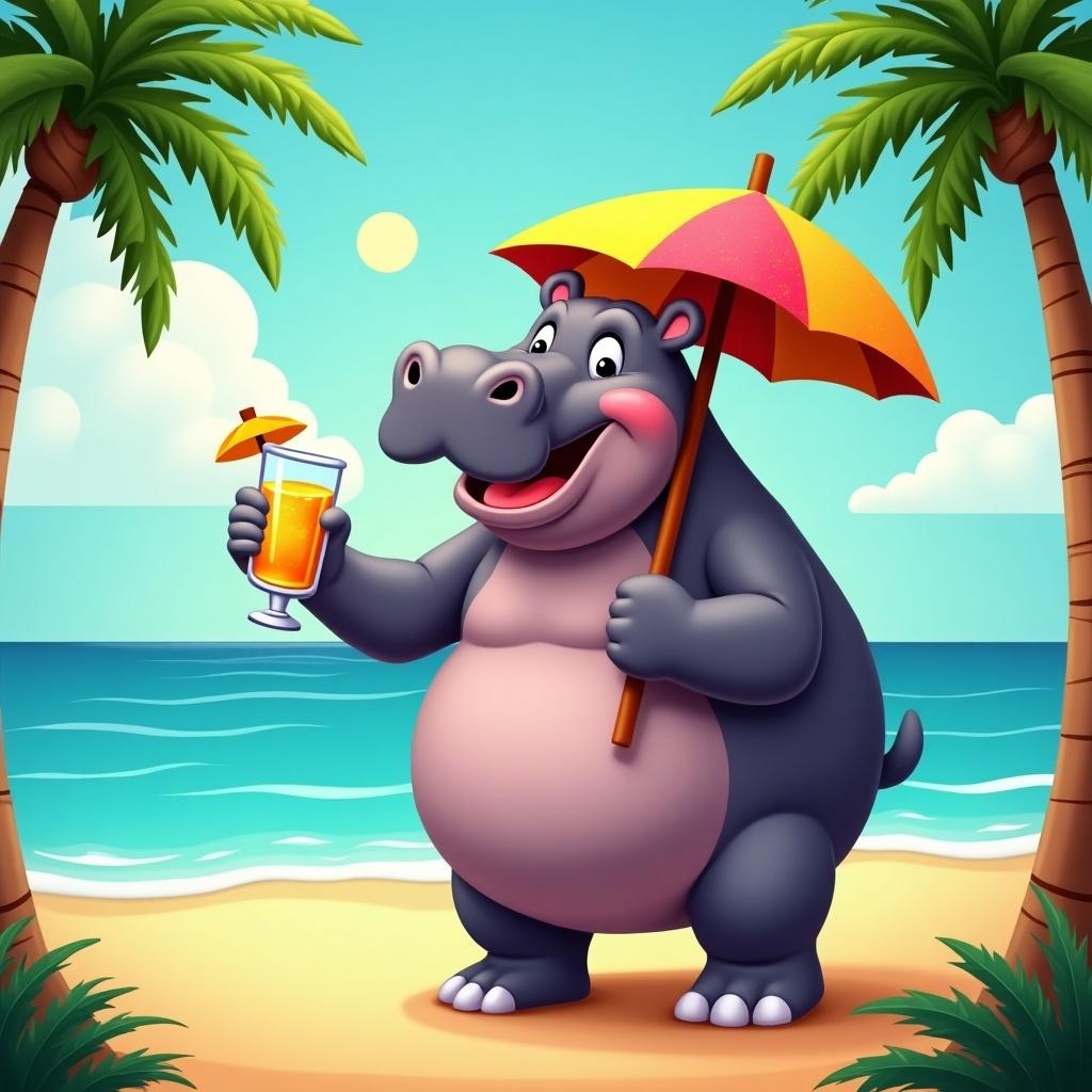 A cartoon hippo is enjoying a drink on a tropical beach. The hippo smiles while holding a cocktail with a small umbrella. Palm trees provide shade. The background includes a sunny sky and ocean waves.