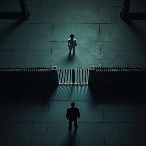 Nighttime scene from above showing a metal gate. A thick black line runs horizontally. A boy in white is above the line. A man in black is below the line. The gate is at the center. The setting is dark with soft shadows and minimal light.