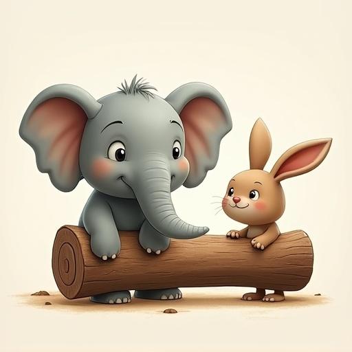 Cartoon elephant with gray skin stands on a wooden log. A cute rabbit with brown fur smiles. They both show friendly expressions. The background is simple and light-colored.