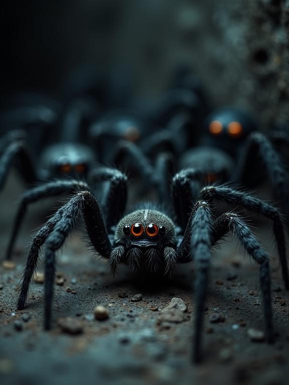 Many spiders with big eyes and hairy legs are lurking in a dark corner. Dramatic shadows enhance the spooky atmosphere.