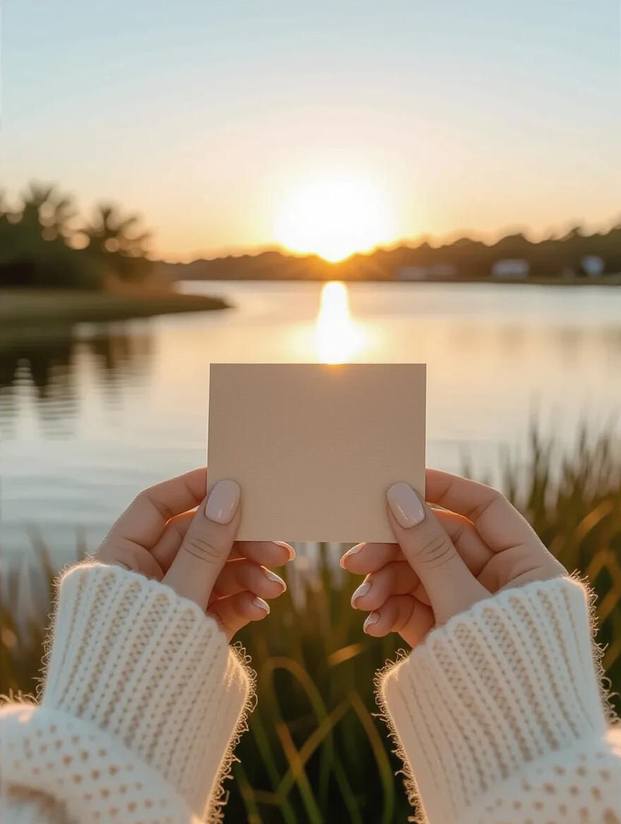 Hands with well-manicured beige nails hold light brown cardstock paper. Cozy white knitted sweater worn. Beautiful lagoon at sunrise in background. Soft light reflects on water. Atmosphere is warm and inviting.