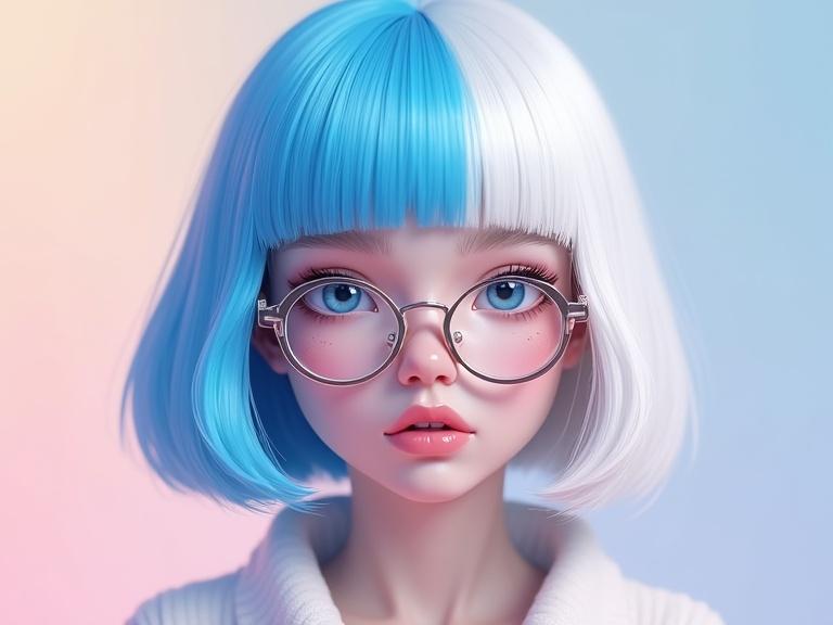3d digital art illustration featuring a Finnish woman with blue and white bob hair. She has creamed lips and glasses. Her makeup is blue on one side and white on the other. Background is pastel blending pinks and creams. Represents duality and creativity.