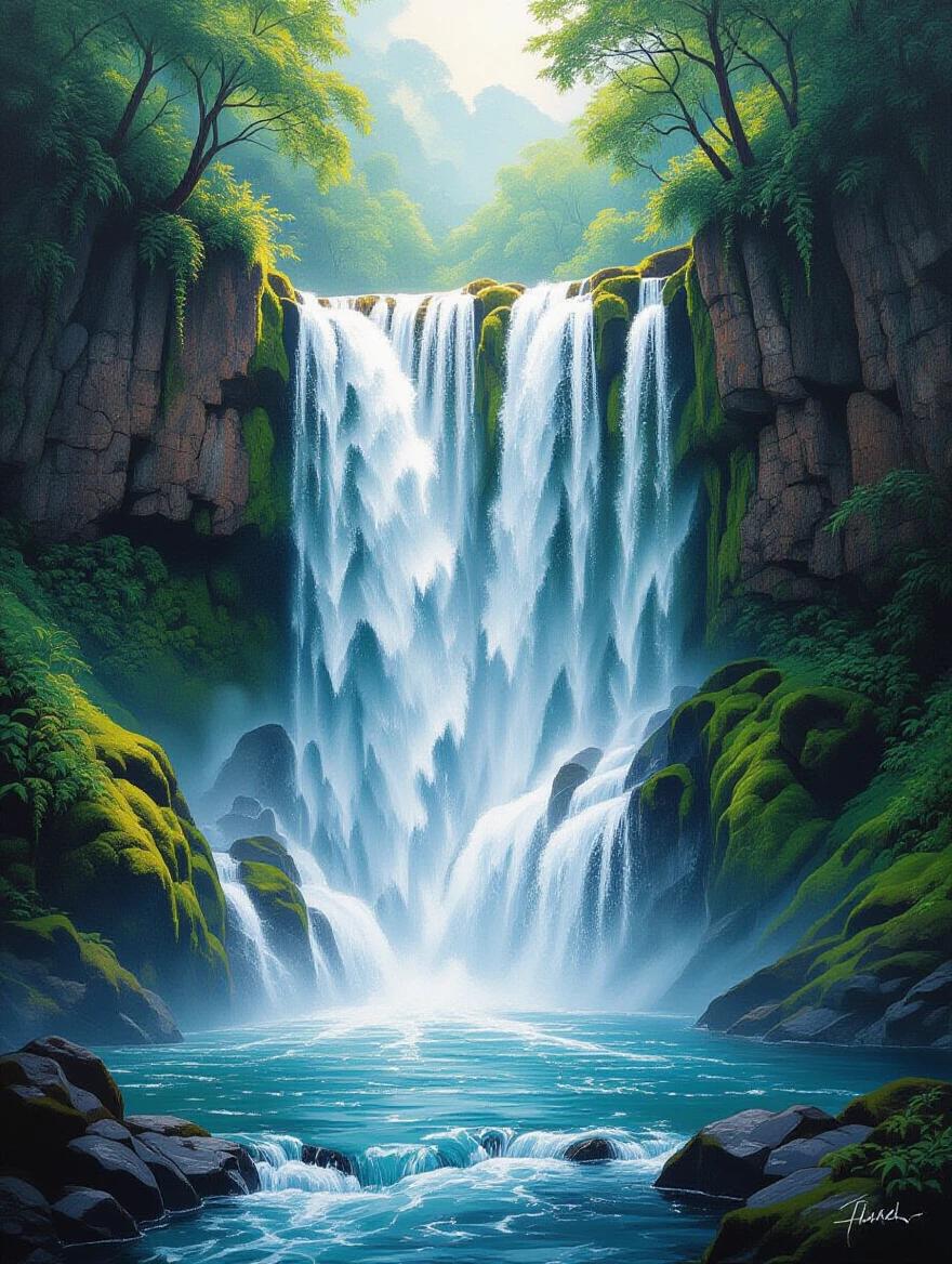 Photorealistic oil painting depicting a stunning multi-tiered waterfall. Each droplet of water and texture of rocks is rendered with meticulous detail. Contemporary realism style with smooth blending techniques. Captivating light and shadow with museum-quality craftsmanship. Suitable for fine art gallery display.