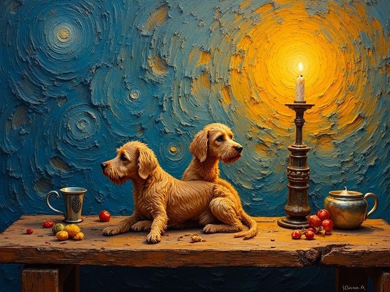 A still life featuring two dogs on a wooden table with a flickering candle. The background has swirling strokes reminiscent of Van Gogh. The light casts shadows, highlighting textures.