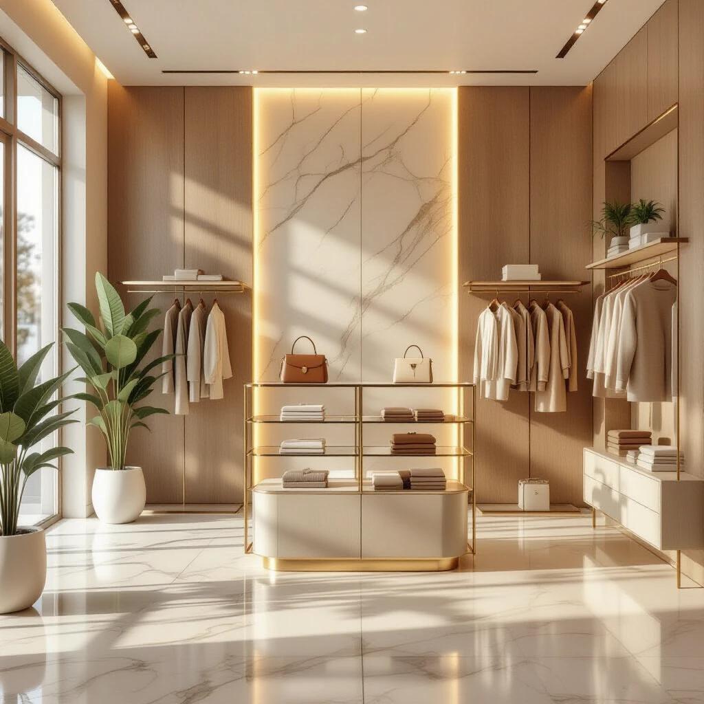 Luxury boutique interior displays clothing racks and glass shelves. Wooden wall panels enhance elegance. Marble floor reflects warm ambient lighting. Potted plants add greenery. Background features soft bokeh ambiance.