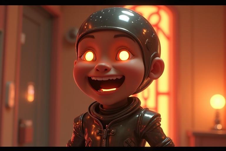 Warm 4K ultra-HD 3D animated scene with a character in a futuristic metallic outfit and glowing eyes appearing to smile. Focus on the character's features in a vibrant setting.