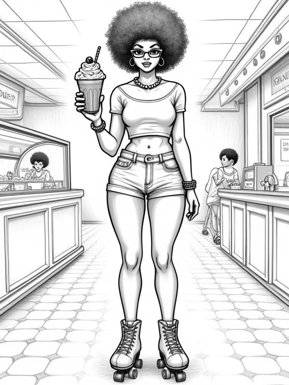 Character illustration of a tall, charismatic mixed-race woman with natural curly afro. Wear fitted high-waisted denim shorts and crop top. Stand confidently on roller skates. Hold ice cream sundae. Set in retro ice cream parlor with vintage decor.
