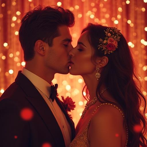 A romantic scene featuring a couple sharing a passionate kiss. Elegant attire and warm lighting create an intimate atmosphere.