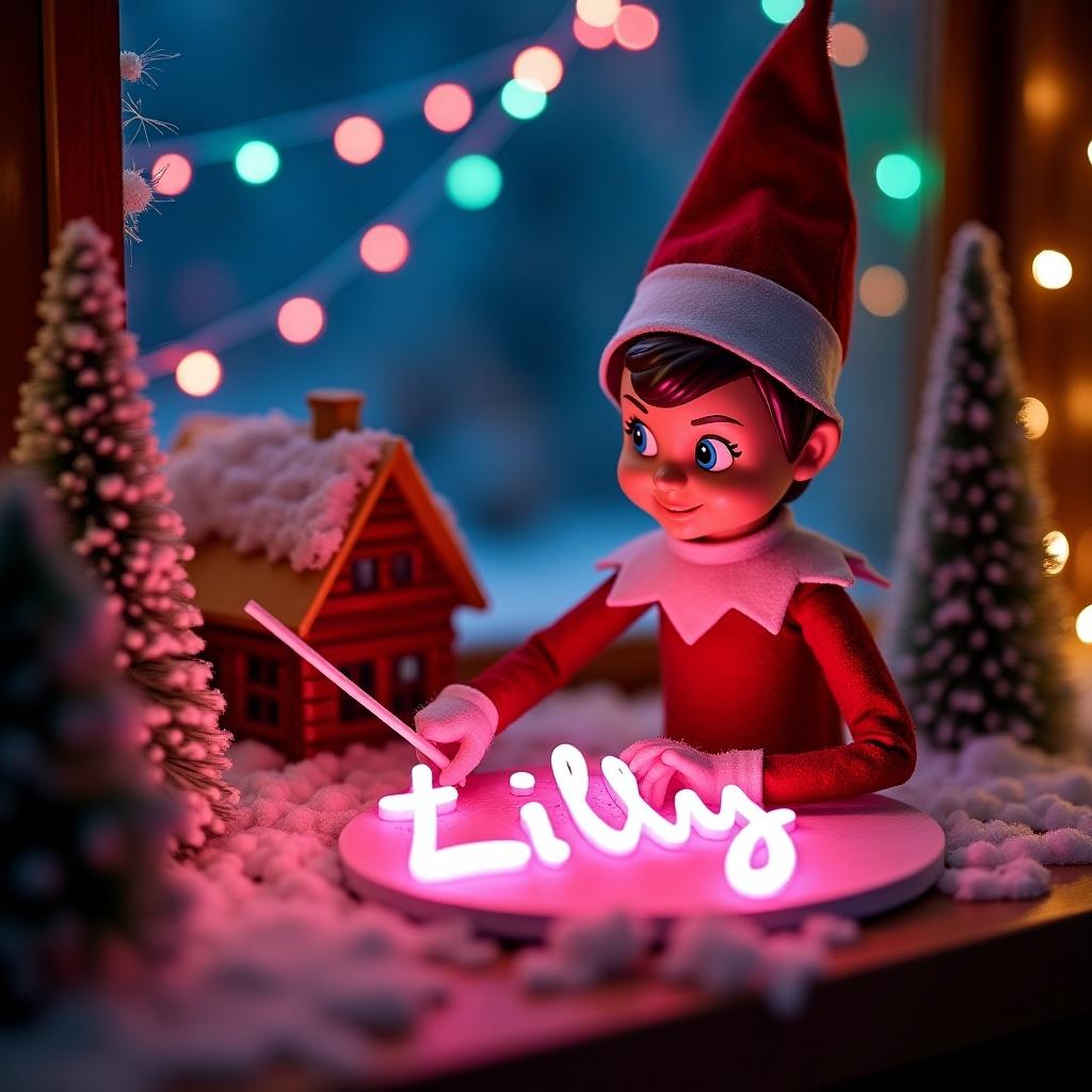 An enchanting Christmas scene featuring an elf on the shelf. The elf, dressed in red and white, wields a magic wand, writing Lilly in a pink glowing script. The backdrop is adorned with vibrant northern lights, adding a magical ambiance. The scene is festive, portraying the spirit of Christmas with a whimsical twist and a log cabin. The elf's position and action create a sense of wonder and excitement that captures the joy of the holiday season.