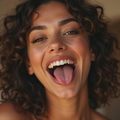 Pretty woman sticking out tongue with a playful expression. Curly hair framing her face. Bright smile. Natural setting with warm tones.