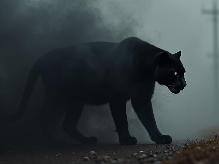 A black panther walks out of dense black smoke. The scene has fantasy elements with particle effects. The view is from the side and has cinematic depth of field.
