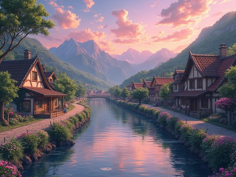 A village next to a river with mountains in the background. Vibrant flowers line the landscape. Charming houses are along the paved street. The sunset casts warm colors over the scene. Reflections on the water are visible. The landscape features intricate details and anime-inspired elements.