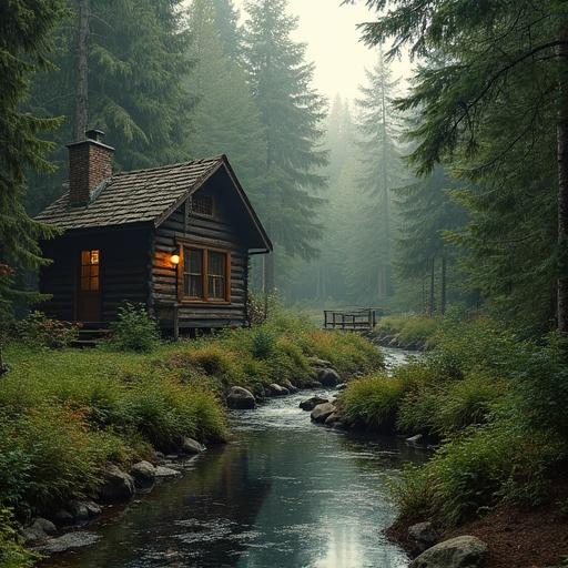 A serene wooden cabin located in a dense forest with a tranquil brook flowing nearby.