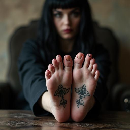 Mature goth woman with long black hair shows tattooed soles of bare feet. Each foot has five toes. She wears goth clothes and sits on a chair with feet on the table.