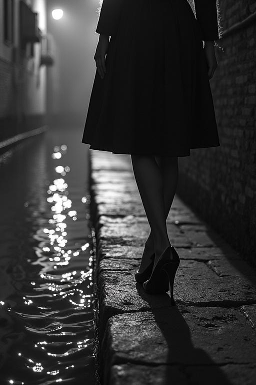 A vertical noir-style photograph captures a woman walking along a Venetian canal. The view is from the left side at water level. The camera angle showcases calm rippling water on the stone quay. Only the woman's lower legs and vintage shoes are visible. She wears a 1960s mid-calf dress. The photo features a cinematic look with strong shadows and grain. The scene evokes a mysterious atmosphere in nighttime Venice.