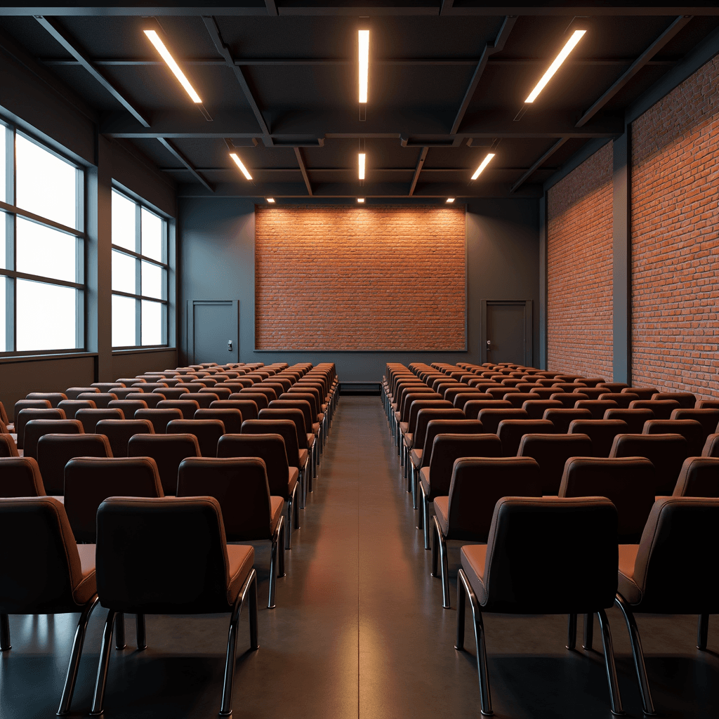 A modern lecture hall with neatly arranged rows of brown chairs facing a large brick accent wall.