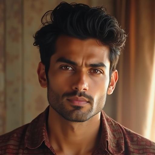 Portrait of a handsome Bollywood actor with an engaging expression. Soft natural light enhances features. Warm tones create an inviting atmosphere.