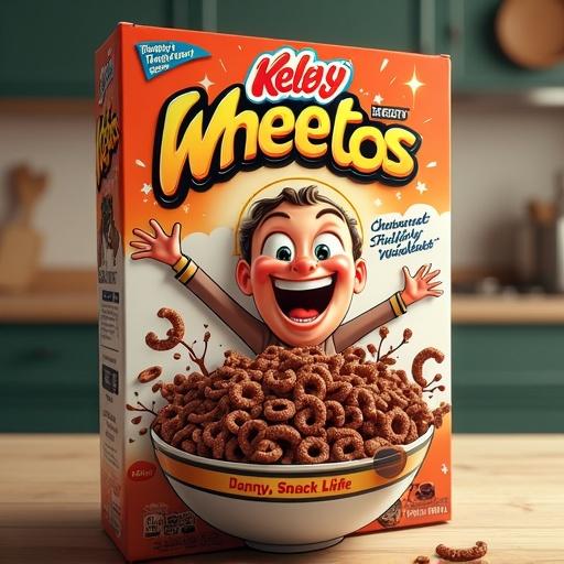 High-resolution product render of a parody snack box featuring cartoon Danny DeVito on a kitchen counter. The box is labeled 'Danny Dewheetos'. It has exaggerated cereal pieces wearing tiny sunglasses. Tagline reads 'Trashy. Tasty. Timeless.' Background includes sparkles and humorous endorsements.