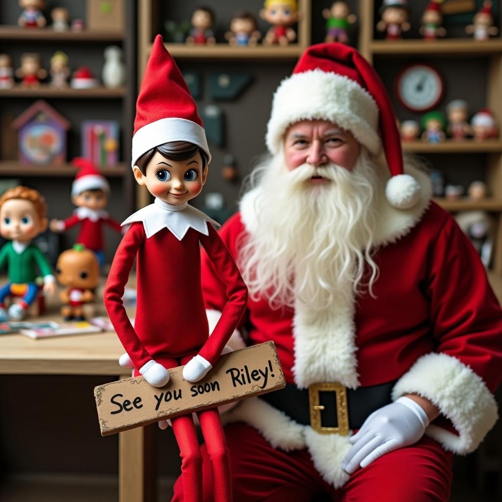 An Elf on the Shelf in a traditional red outfit with white trim and a white collar is seated beside Santa in a brightly colored toy workshop. The Elf is holding a sign that says ‘See you soon Riley!’ The scene is filled with various Funko Pops and other holiday decorations in the background. Santa, with his classic white beard and red suit, poses cheerfully next to the Elf. There is a warm, inviting atmosphere, perfect for the holiday season. The workshop setting includes colorful toys and a festive feel, making it ideal for holiday celebrations. This image encapsulates the spirit of Christmas and the joy of giving.