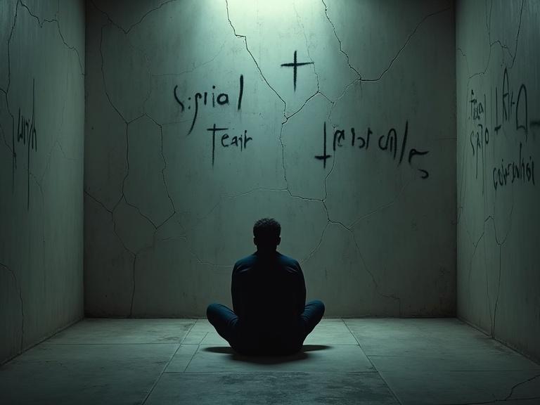 Cinematic art piece shows a person sitting cross-legged on a cracked floor in an empty room. The walls are marked with blurry words reflecting emotions. The environment has a dim, grey light. The artwork conveys feelings of guilt and fear.
