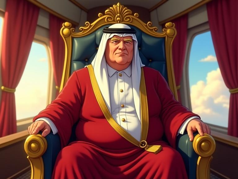Ghibli style illustration of a figure in a royal Arab outfit seated on a luxurious throne inside a 747 aircraft cabin. Windows show a scenic view.
