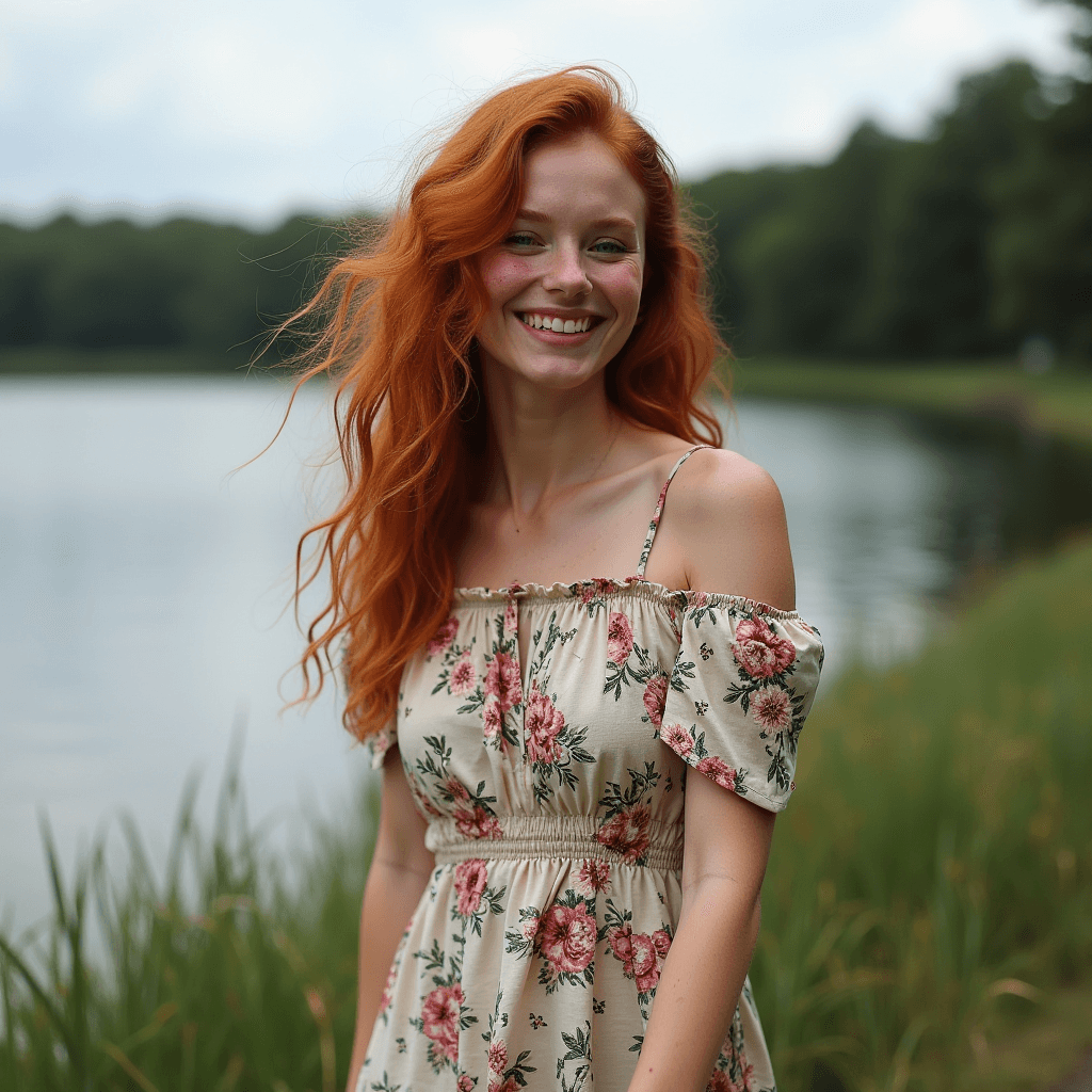 A smiling person with red hair stands by a serene lake wearing a floral dress.