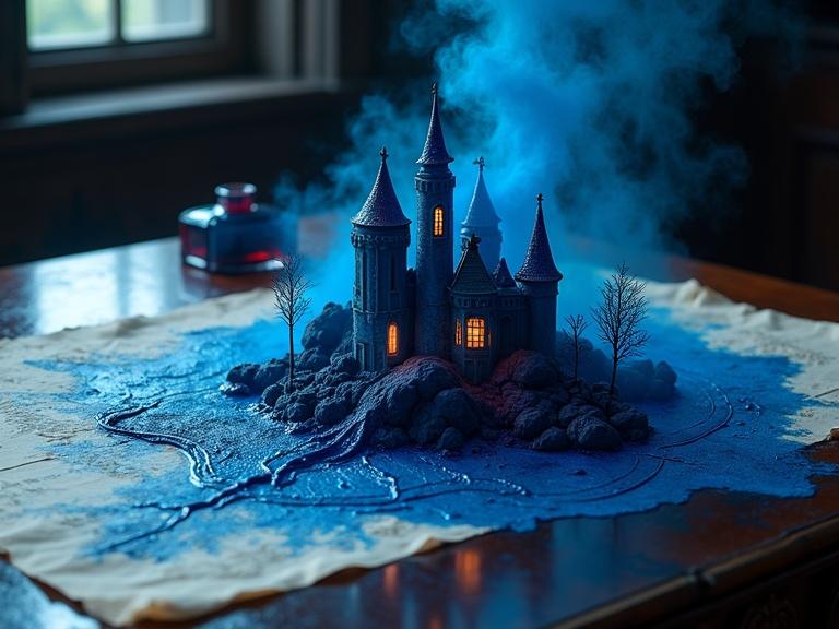 Hyperrealistic digital artwork showing a magical transformation. Scene features a detailed Fairy Tale castle emerging from blue ink on dark polished table. An overturned antique ink jar spills glossy ink onto aged parchment. The castle has detailed turrets and glowing windows. A small fairy with butterfly wings is present, surrounded by ambient blue smoke. Strong dramatic lighting enhances depth.