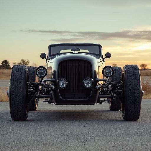 A front view of a custom Blastolene Hemi-powered trike parked in an open area with scenic background during sunset. The trike features a unique design with large wheels and chrome accents.