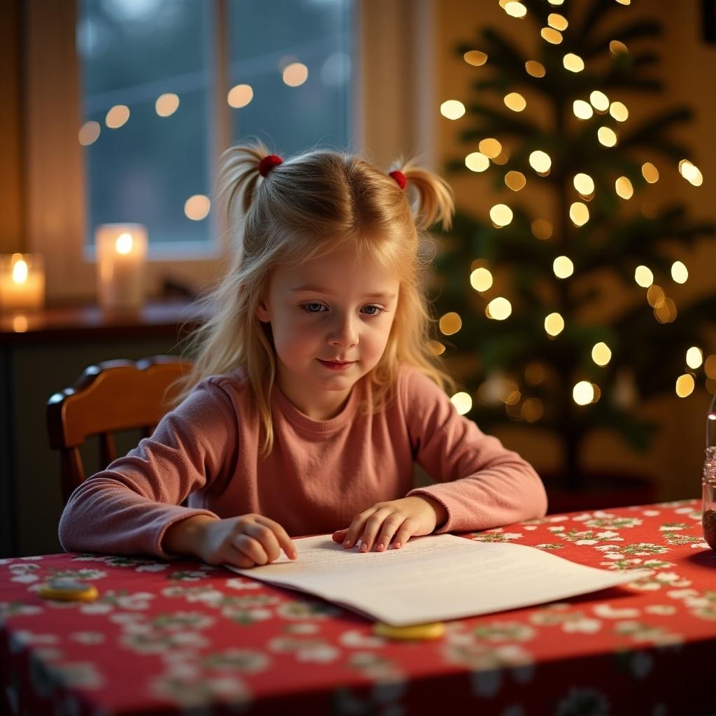 A girl reading a letter to Santa. She has blonde hair and blue eyes. The setting is festive with candle lights and a Christmas tree in the background.