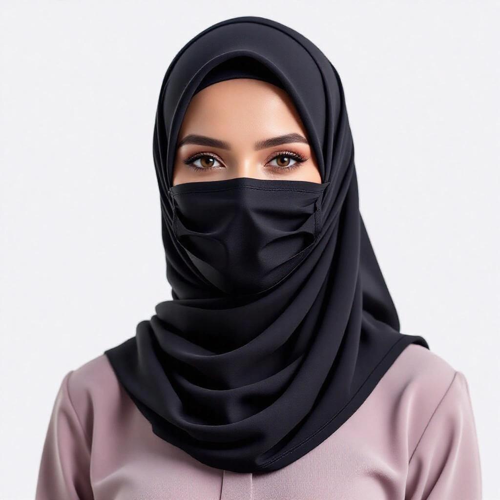 Portrait of a woman wearing a black hijab and face covering. The woman has a natural look with soft makeup. Textured background enhances focus on her attire.