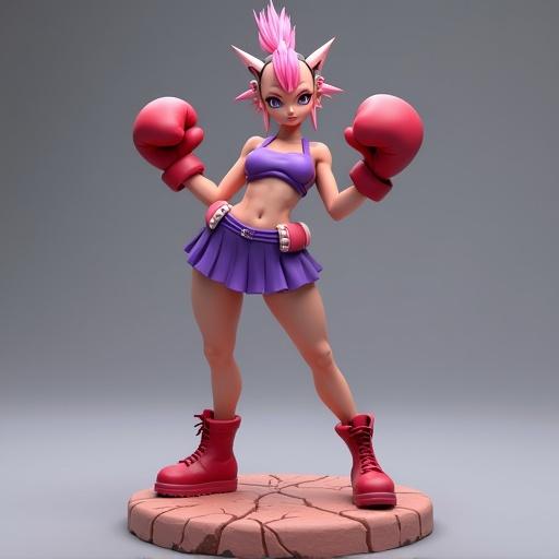 Stylized 3D resin figurine depicting a confident female boxer. She has a toned athletic body with her fist out in front. Wears a purple boxing outfit with red gloves and boots. Sporting a short pleated skirt with spiked shoulder pads and a belt at her waist. Hairstyle mimics a spiked mohawk with vertical locks. Elegant yet fierce facial features on a dynamic base.