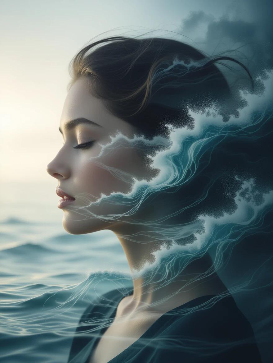 Tight headshot of a serene woman in profile. Her features blend with swirling ink and crashing ocean waves. Ambient light enhances the ethereal feel. Dark background with shimmering fog provides depth.