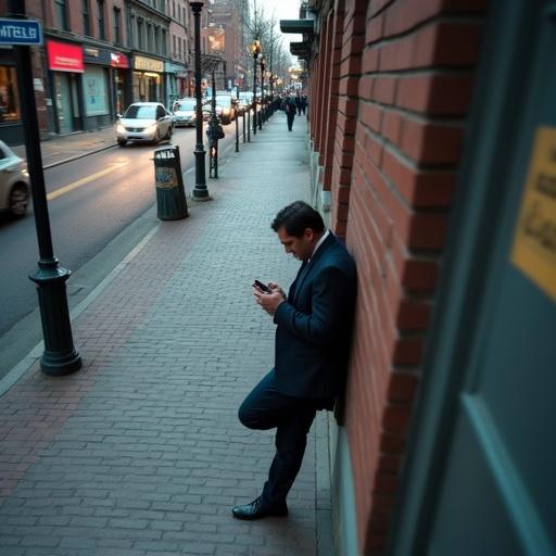 Cinematic overhead shot of a man checking his phone on a brick sidewalk in the city. Background features motion blur of city elements. Shallow depth of field with sharp focus on the man. Portrait ratio 4:3.