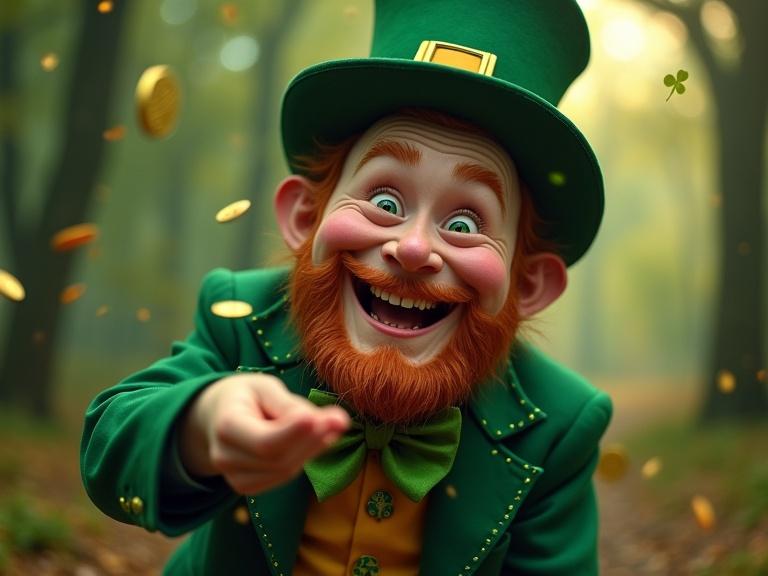 Close-up shot of a leprechaun wearing a green suit and top hat. He is smiling widely while sprinkling gold coins and shamrocks. The background reveals an enchanting forest with magical glow.