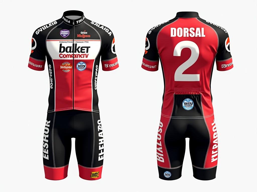 This image showcases a professional cycling kit designed for a championship event. The kit features the bicycle number prominently displayed on the front and back. Additionally, there are side numbers suitable for helmet display for enhanced visibility. Each number space is designed to include sponsorship logos, emphasizing brand partnership. The overall color scheme is black, red, and white, giving it a sleek and modern look. This visual representation is ideal for cycling event promotions and team branding.