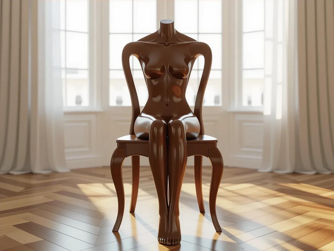 A 3D artistic chair designed as a nude woman body. The chair has an ornate style and is made from gleaming mahogany wood. It features an elegant pose with open legs and smooth lines. The setting includes large windows with natural light and a wooden floor.