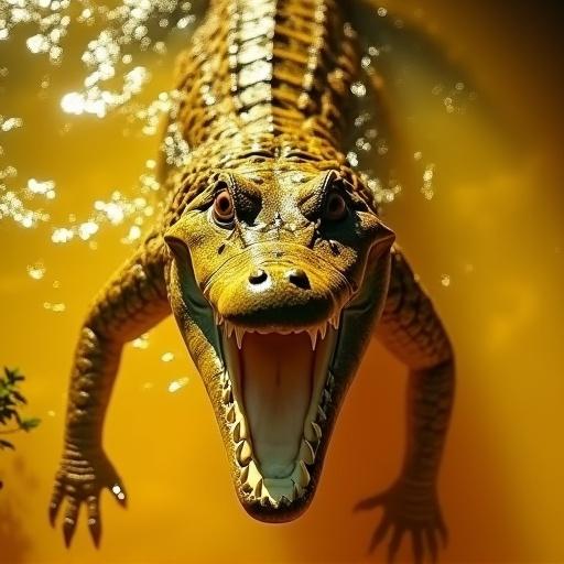 Ultra-realistic yellow monochrome photo featuring a crocodile with its jaws wide open. A terrified woman in safari attire is falling in. Scene captures golden tones with yellow water reflections. Jungle surroundings include dark yellow silhouettes. Image appears as if viewed through amber glass.