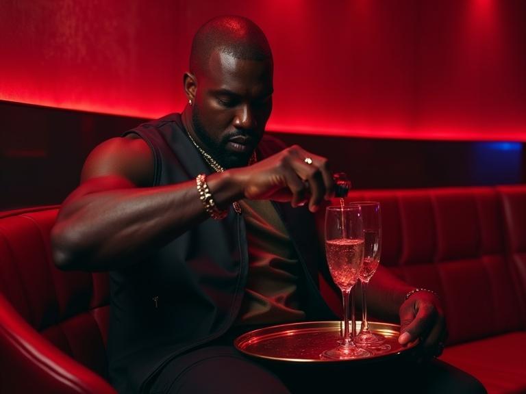 Nightclub scene featuring a man pouring a clear liquid into a champagne glass on a tray. The man is wearing a black leather vest and seated in a VIP section with red lighting. Full body shot.