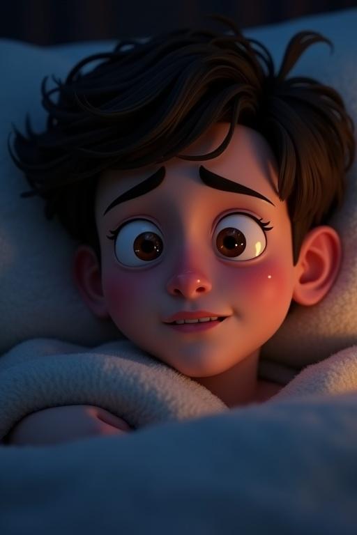 Close-up in a Pixar-style 3D CGI scene of Léo, a 17-year-old teenager with tousled brown hair and large hazel eyes. Sweat beads on his temples, gripping a blanket while showing confusion and fear. Dim moonlight enhances the dramatic tension in the room, with shadows intensifying the sense of dread. High fidelity in every detail, with an emotional and cinematic presentation.