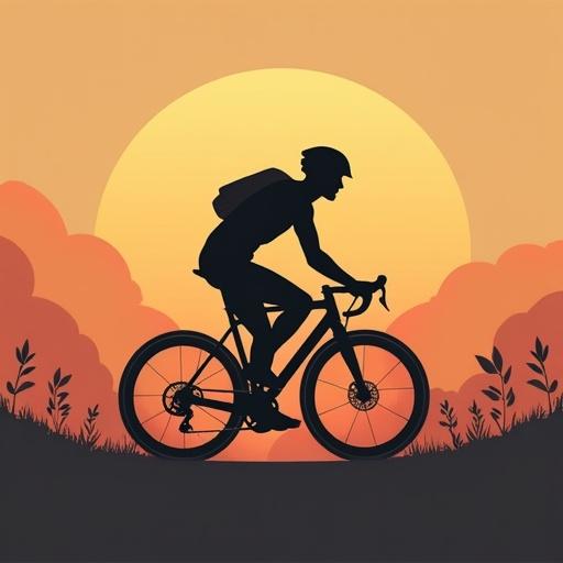 2D minimalist logo design featuring a biker silhouette. Background shows a sunset with gradient colors. Includes elements of nature such as leaves and hilly terrain. Suitable for triathlon branding.