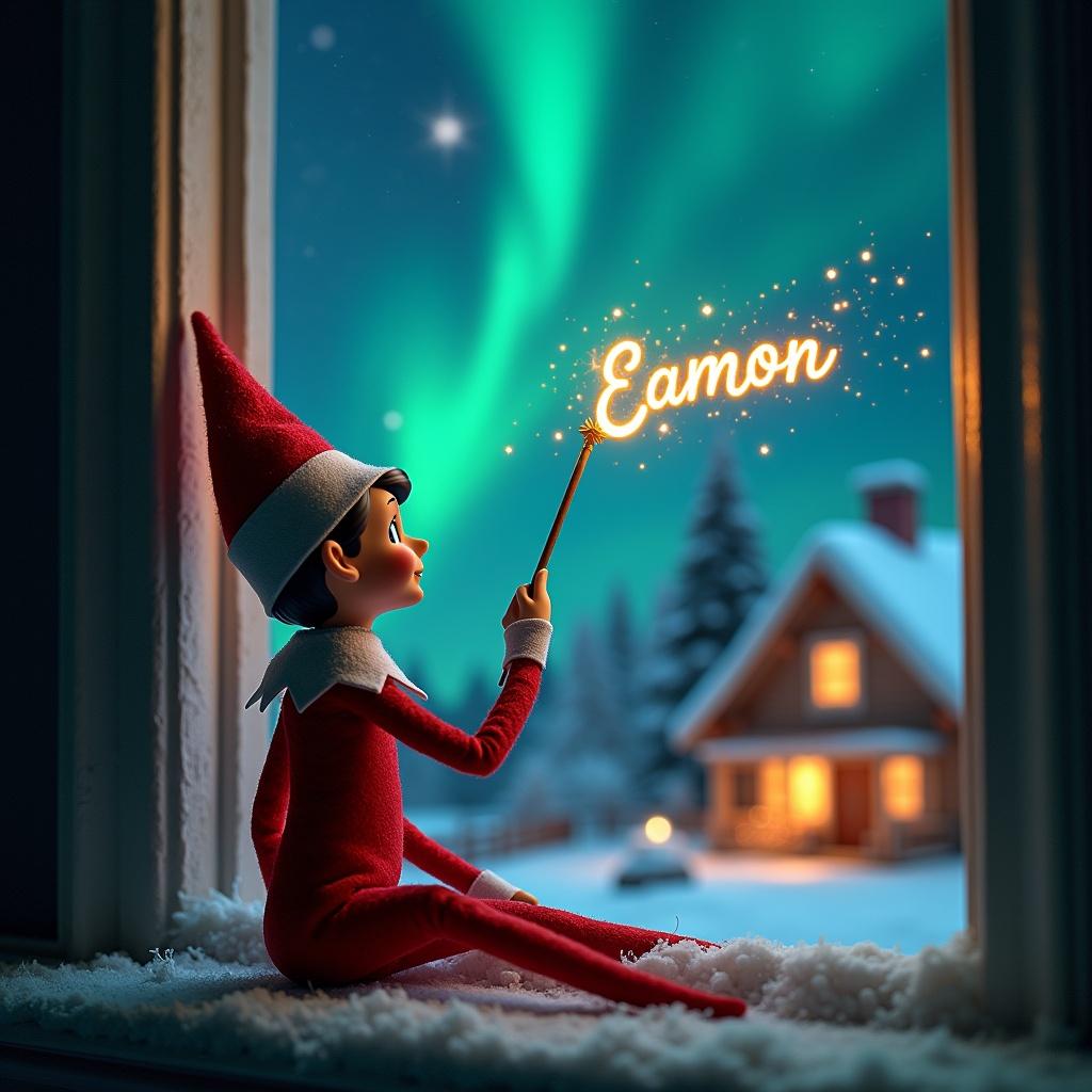 Elf sits on a shelf viewing the sky. Elf holds a glowing wand that spells a name in the air. Charming Christmas scene features colorful northern lights and a cozy house. Snow covers the ground. Elf symbolizes magic and Christmas wonder.