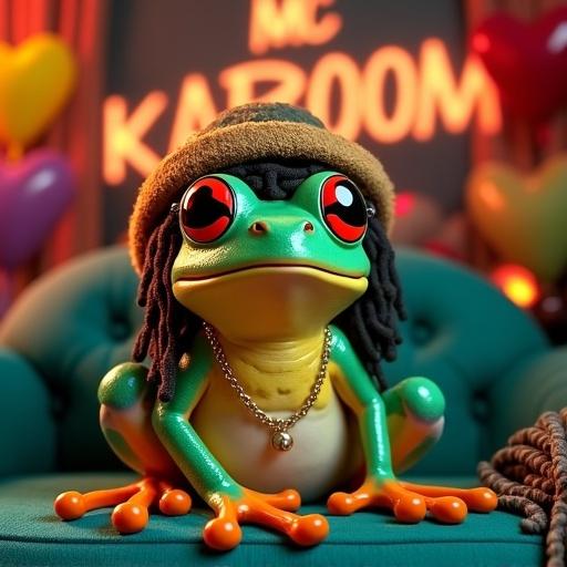 A playful frog with heart-shaped eyes. Frog wears a dreadlock hat and sunglasses. Frog has a gold necklace. The background features MC KABOOM and heart-shaped balloons. The scene is colorful with neon greens, oranges, and turquoise blues.