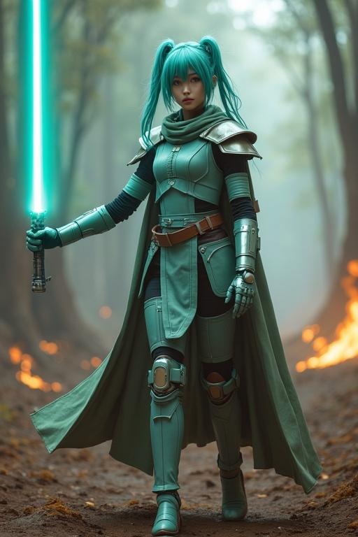 Attractive young woman inspired by Hatsune Miku. Dressed in Jedi armor, fighting droids with a turquoise lightsaber on a battlefield in a scorched forest.