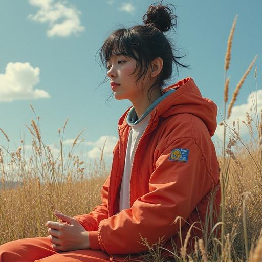 Portrait of a young woman in orange jacket. She sits in a field with tall grasses. Soft natural light highlights her features. The background includes clear blue sky and gentle clouds.