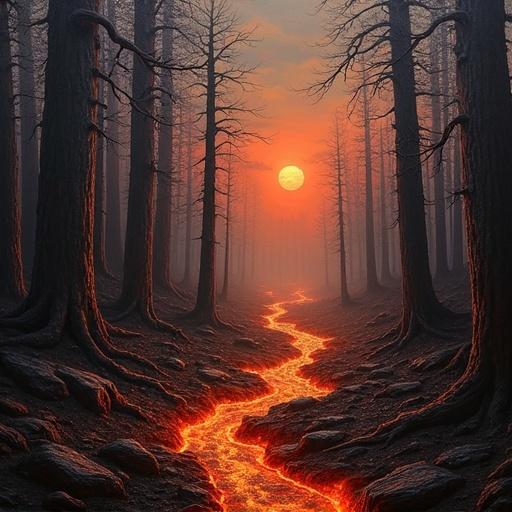 Oil on canvas painting depicting a night scene in a scorched ancient forest with a river of lava flowing through. Dark massive trees surround the vibrant molten river under a smoky sky, creating a dramatic and ominous atmosphere.