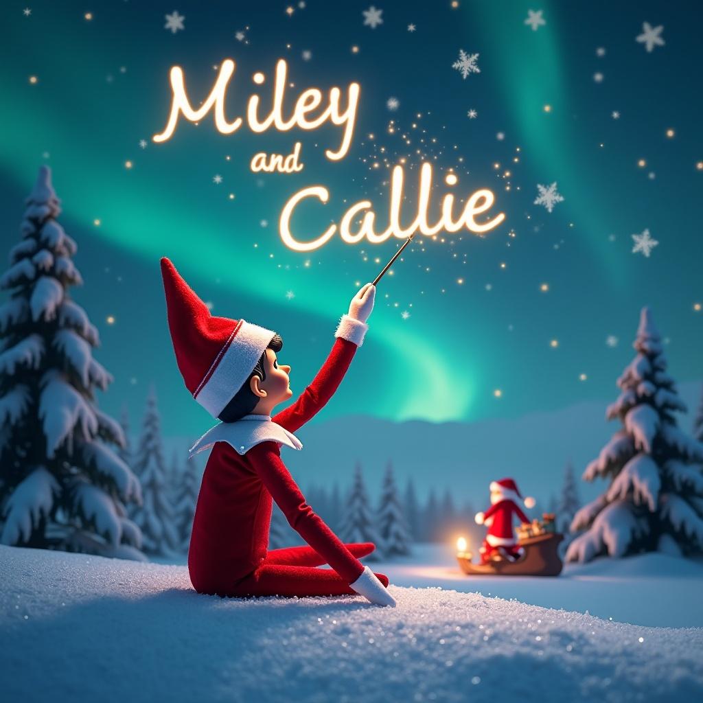 An enchanting Christmas scene with an elf on the shelf. The elf sits with back to viewer, gazing upwards. It writes names 'Miley' and 'Callie' in the night sky using a wand. There are northern lights in the background and Santa Claus in a distance. Snow blankets the ground in a winter wonderland.