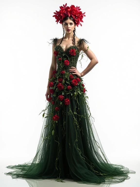 Full-body shot of a woman in a gown made of bioluminescent ivy with razor-thorned roses. The gown has a crown of pulsating blood-orchids. The design reflects a charismatic leader of vampiric flora with Slavic motifs. Hyper-realistic seductive horror style. Studio lighting against a white background.