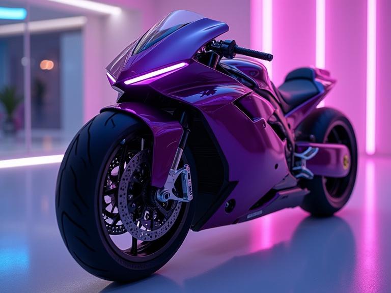 Ultra-futuristic concept motorcycle in deep royal purple. Features wide tires with cyberpunk tread patterns. Aerodynamic body made of lightweight carbon fiber with sharp edges. Razor-sharp front fairing with thin LED headlight strip. Handlebars integrated into frame for a seamless look. Glowing Ferrari emblem on the side. Displayed in futuristic showroom with ambient purple and blue lighting.