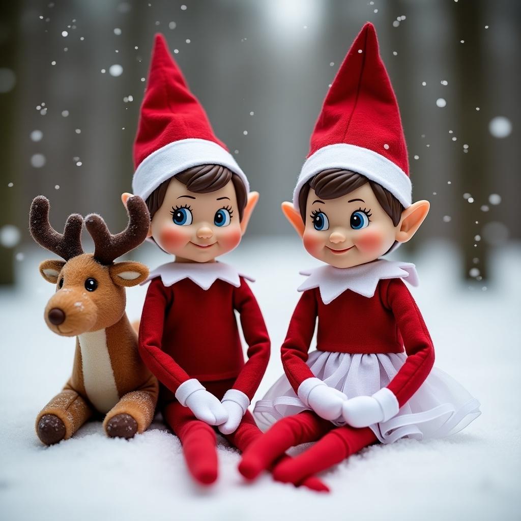 Two elf dolls sit in the snow. One is a boy dressed in red and white. The other is a girl dressed in red and white with a white skirt. Both wear pointed hats. A reindeer is beside them. Snow surrounds them. They appear joyful.